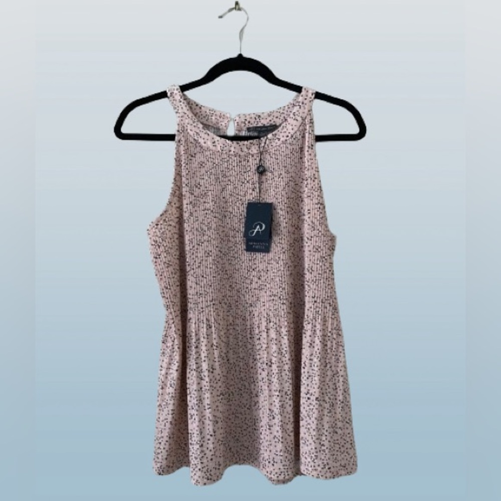 Adrianna Papell, pink with black & white dots, pleated halter top, size Medium